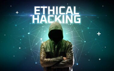 ETHICAL Hackleme yazıtlı gizemli hacker, çevrimiçi saldırı konsepti yazıt, çevrimiçi güvenlik kavramı