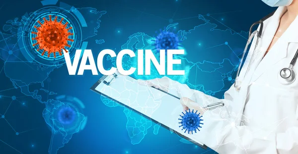 Dokter Mengisi Catatan Medis Dengan Prasasti Vaccine Konsep Virologi — Stok Foto