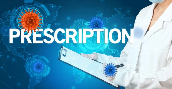 Orvos Kitölti Orvosi Feljegyzéseket Prescription Felirattal Virológiai Koncepcióval — Stock Fotó