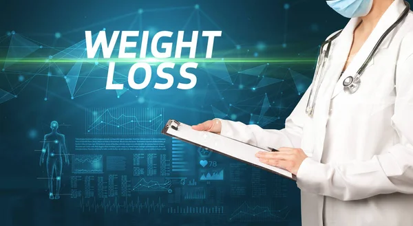 Lékař Píše Poznámky Schránky Nápisem Weight Loss Lékařské Diagnózy Koncepce — Stock fotografie