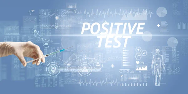 Aguja Jeringa Con Vacuna Contra Virus Inscripción Positive Test Concepto —  Fotos de Stock