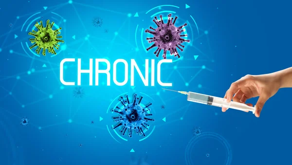 Şırınga Elinde Chronic Yazısıyla Tıbbi Enjeksiyon Koronavirüs Aşısı Konsepti — Stok fotoğraf