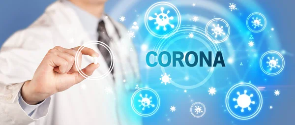 Médico Dando Píldora Con Inscripción Corona Concepto Coronavirus —  Fotos de Stock