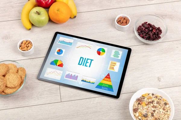 Alimentos Orgânicos Tablet Mostrando Inscrição Diet Composição Nutricional Saudável — Fotografia de Stock