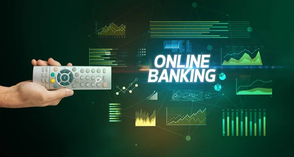 Handen Håller Trådlös Periferi Med Online Banking Inskription Cyber Affärsidé — Stockfoto
