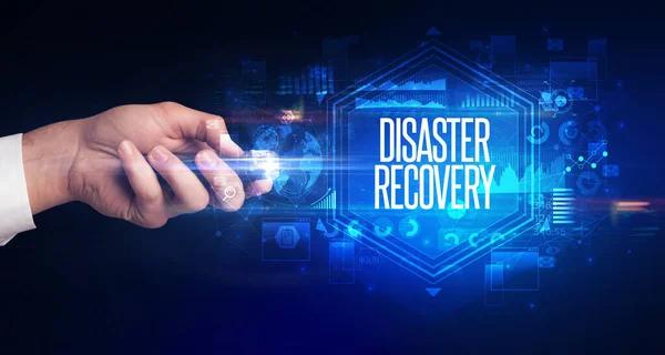 Hand Hält Drahtlose Peripherie Mit Disaster Recovery Beschriftung Cyber Sicherheitskonzept — Stockfoto