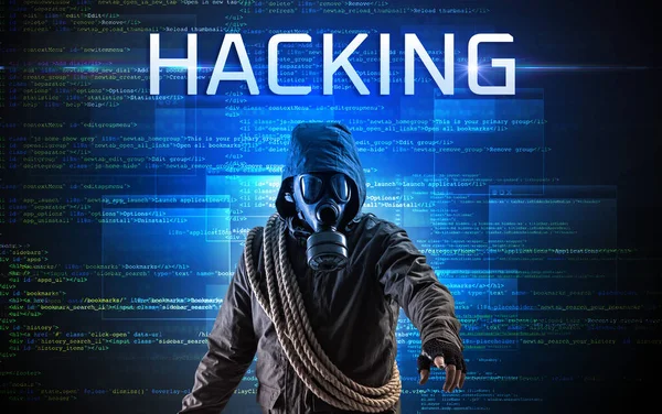 Gesichtsloser Hacker Mit Hacking Inschrift Auf Binärcode Hintergrund — Stockfoto