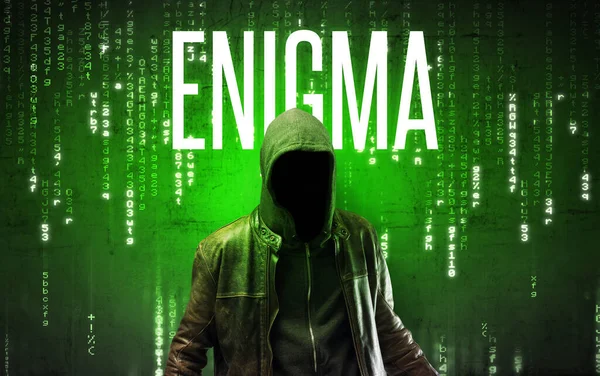 Gezichtloze Hacker Met Enigma Inscriptie Hacken Concept — Stockfoto