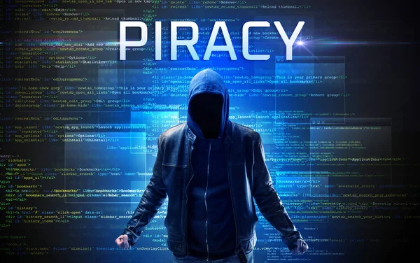 Faceless Hacker Piracy Inscription Binary Code Background — Stock Photo, Image