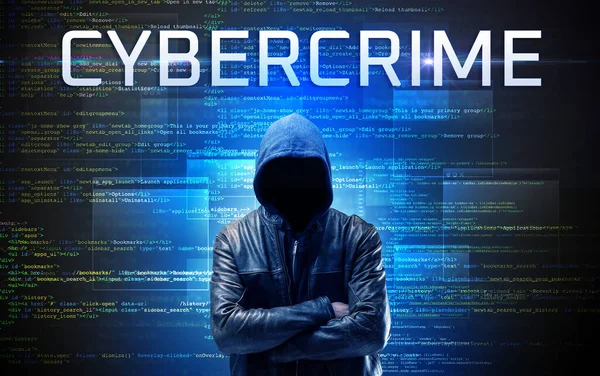 Hacker Sem Rosto Com Inscrição Cybercrime Fundo Código Binário — Fotografia de Stock