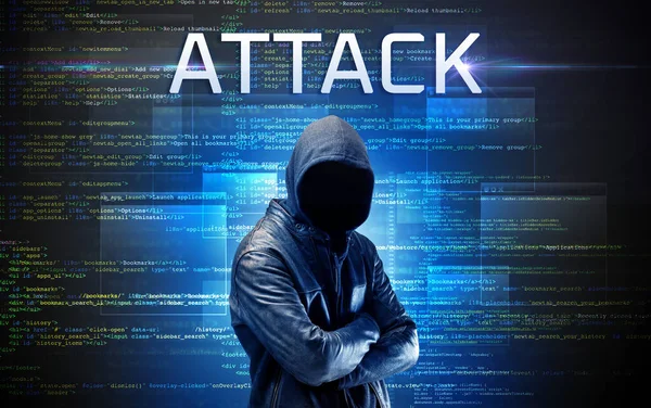 Faceless Hacker Attack Inscription Binary Code Background — Stock Photo, Image