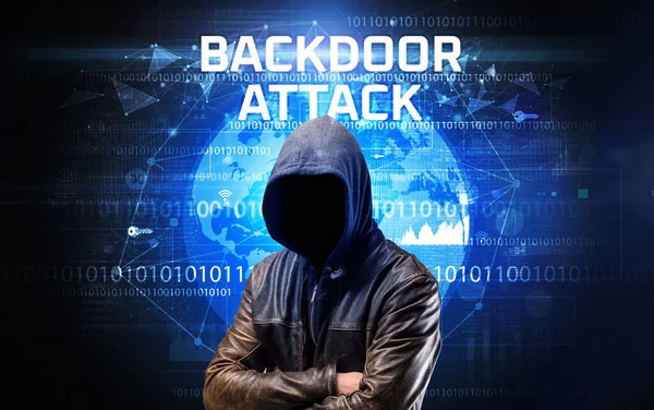 Hacker Sin Rostro Trabajo Con Inscripción Ataque Backdoor Concepto Seguridad —  Fotos de Stock