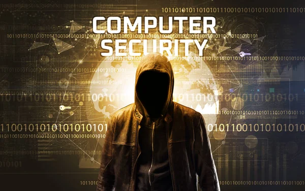 Gesichtsloser Hacker Bei Der Arbeit Mit Computer Security Inschrift Computersicherheitskonzept — Stockfoto