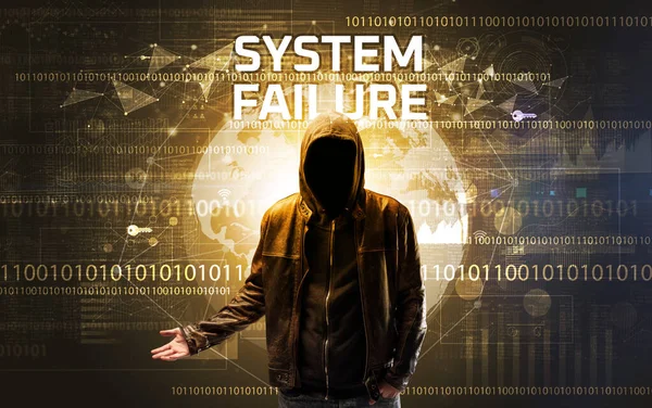 Faceless Hacker Work System Failure Inscription Computer Security Concept — Stock Photo, Image
