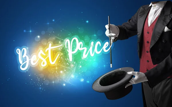 Zauberhand Zaubern Mit Zauberstab Und Bestpreisbeschriftung Einkaufskonzept — Stockfoto