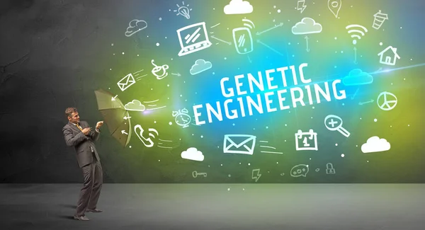 Empresario Defendiendo Con Paraguas Ingeniería Genética Inscripción Concepto Tecnología Moderna — Foto de Stock