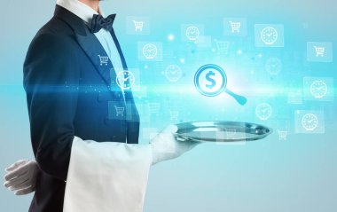 Tepside dolar işareti simgeleri olan büyüteç servis eden genç garson, yeni iş modeli konsepti