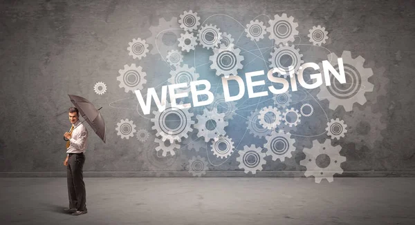 Επιχειρηματίας Υπερασπίζεται Ομπρέλα Από Επιγραφή Web Design Έννοια Της Τεχνολογίας — Φωτογραφία Αρχείου