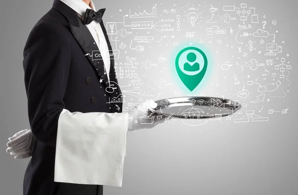 Close Waiter Serving Location Share Icons Social Media Concept — Stock Photo, Image