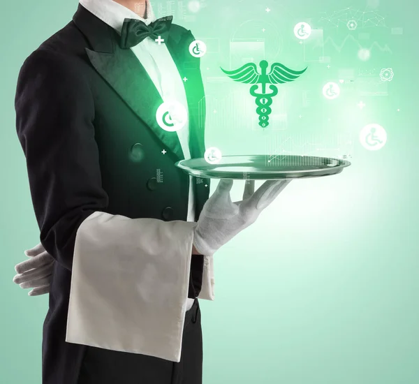 Handsome Young Waiter Tuxedo Holding Tray Pharmacy Icons Tray Global — Stock Photo, Image
