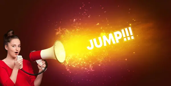 Mujer Joven Gritando Altavoz Con Inscripción Jump Concepto Medios Modernos — Foto de Stock