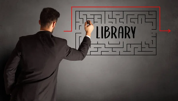 Businessman Drawing Maze Library Inscription Business Education Concept — Stock Photo, Image