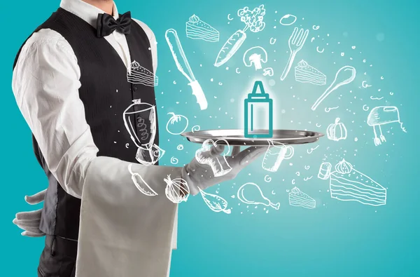 Waiter Holding Silver Tray Mustard Ketchup Icons Coming Out Health — Stock Photo, Image