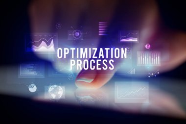 Tablete çizelgeler ve optimum işlemler ile dokunmak Yazı, iş konsepti