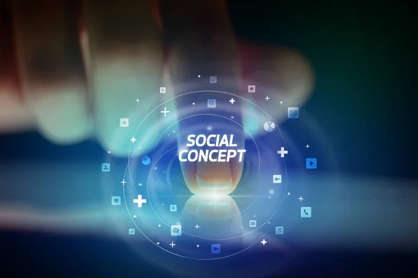 Tabletka Dotykająca Palcami Ikonami Mediów Społecznościowych Koncepcją Społeczną — Zdjęcie stockowe