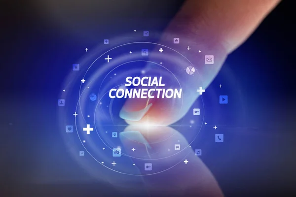 Sosyal Medya Simgeleri Sosyal Bağlantı Ile Parmak Temas Tableti — Stok fotoğraf
