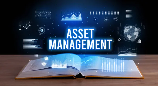 Asset Management Inscription Coming Out Open Book Creative Business Concept — Stock Photo, Image