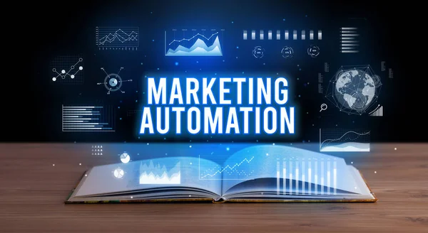 Marketing Automation Inskription Kommer Från Öppen Bok Creative Business Concept — Stockfoto