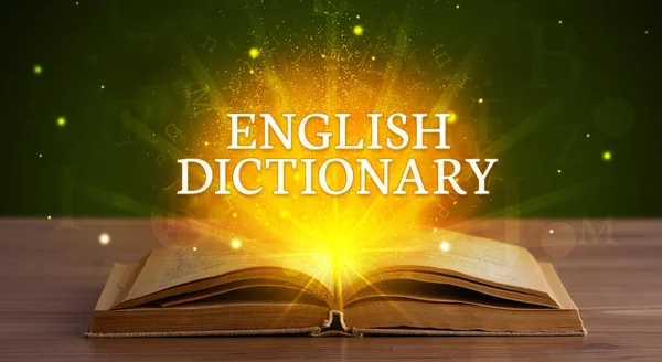 Angielski Słownik Napis Wychodzi Otwartej Książki Koncepcja Edukacyjna — Zdjęcie stockowe