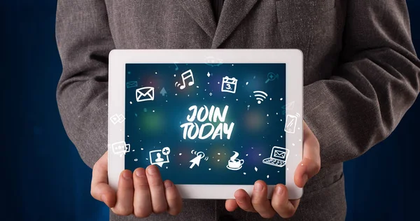 Young Business Person Working Tablet Shows Inscription Join Today — Stock Photo, Image