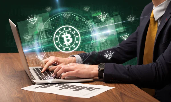 Business Hand Working Stock Market Bitcoin Icons Coming Out Laptop — Stock Photo, Image