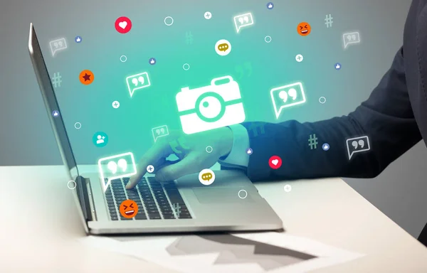 Hand Surfing Social Media Camera Icons Coming Out Screen Networking — Stock Photo, Image