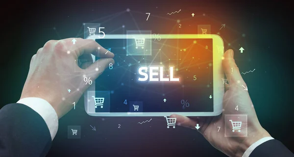 Κοντινό Πλάνο Ενός Tablet Χειρός Επιγραφή Sell Online Shopping Concept — Φωτογραφία Αρχείου