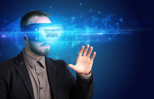 Businessman Looking Virtual Reality Glasses Security Update Inscription Cyber Security — Stock Photo, Image