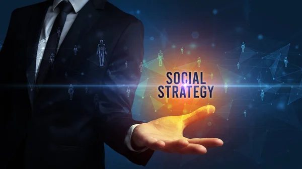 Elegante Mano Sosteniendo Inscripción Estrategia Social Concepto Redes Sociales —  Fotos de Stock