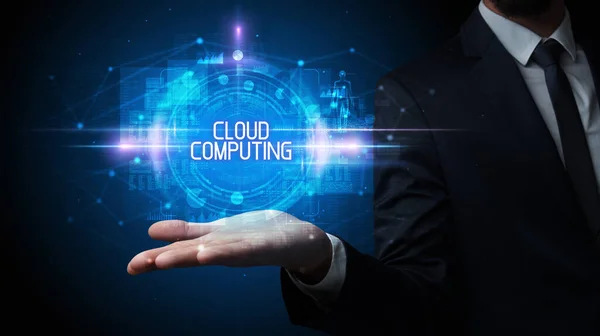 Человек Держит Руках Cloud Computing Надпись Технологическая Концепция — стоковое фото