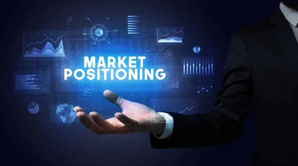 Hand Businessman Holding Market Positioning Iscrizione Concetto Successo Aziendale — Foto Stock