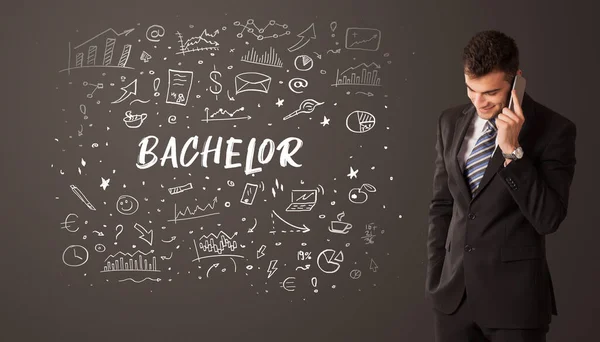 Zakenman Denken Met Bachelor Inscriptie Business Education Concept — Stockfoto