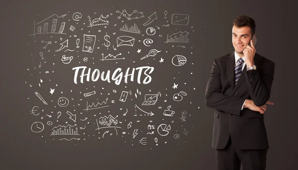 Biznesmen Myślący Napisem Thoughts Koncepcja Edukacji Biznesowej — Zdjęcie stockowe
