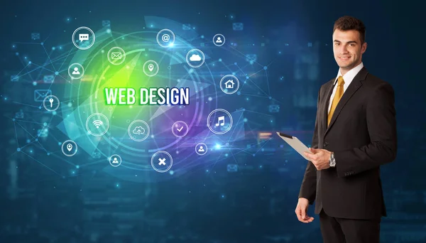 Мышление Бизнесмена Перед Иконами Связанными Технологией Надписью Web Design Концепция — стоковое фото