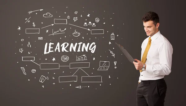 Biznesmen Myślący Napisem Learning Koncepcja Edukacji Biznesowej — Zdjęcie stockowe