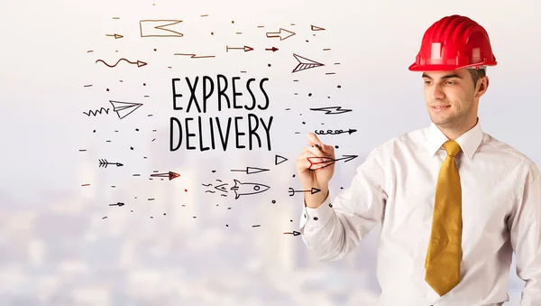 Snygg Affärsman Med Hjälm Ritning Express Delivery Inskription Contruction Försäljning — Stockfoto