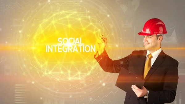 Jóképű Üzletember Sisak Rajz Szociális Integrációs Felirat Társadalmi Konstrukció Koncepció — Stock Fotó