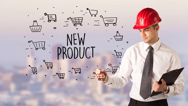 Όμορφος Επιχειρηματίας Κράνος Σχέδιο New Product Επιγραφή Convertuction Πώληση Έννοια — Φωτογραφία Αρχείου