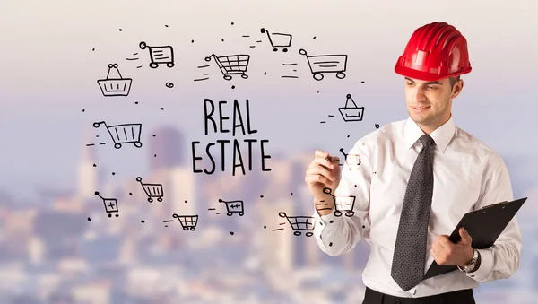 Snygg Affärsman Med Hjälm Ritning Real Estate Inskription Contruction Försäljning — Stockfoto