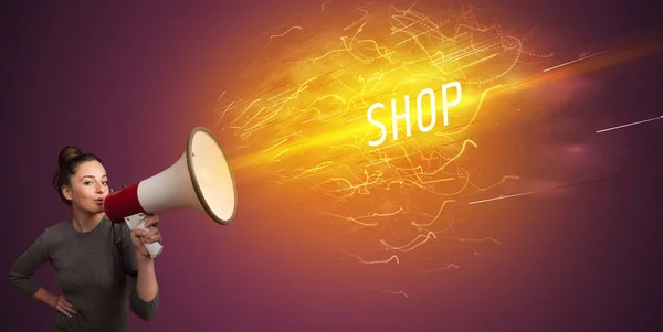 Young Girld Shouting Megaphone Shop Inscription Online Shopping Concept — Stock Photo, Image